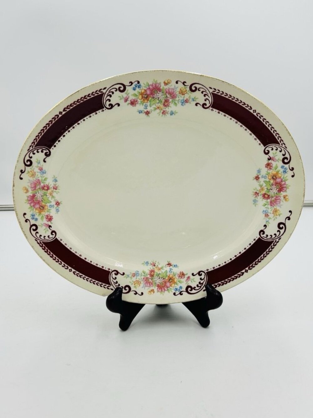 Vintage Homer Laughlin Cranberry Floral Pattern 11.75" Oval Plate Platter D41N6